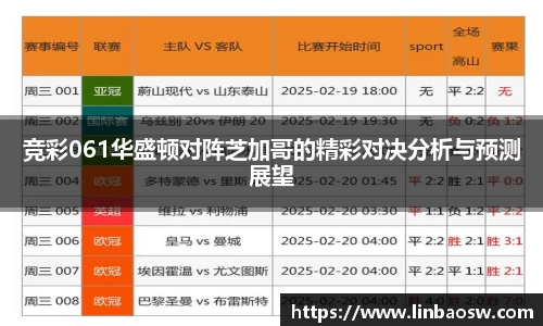 竞彩061华盛顿对阵芝加哥的精彩对决分析与预测展望